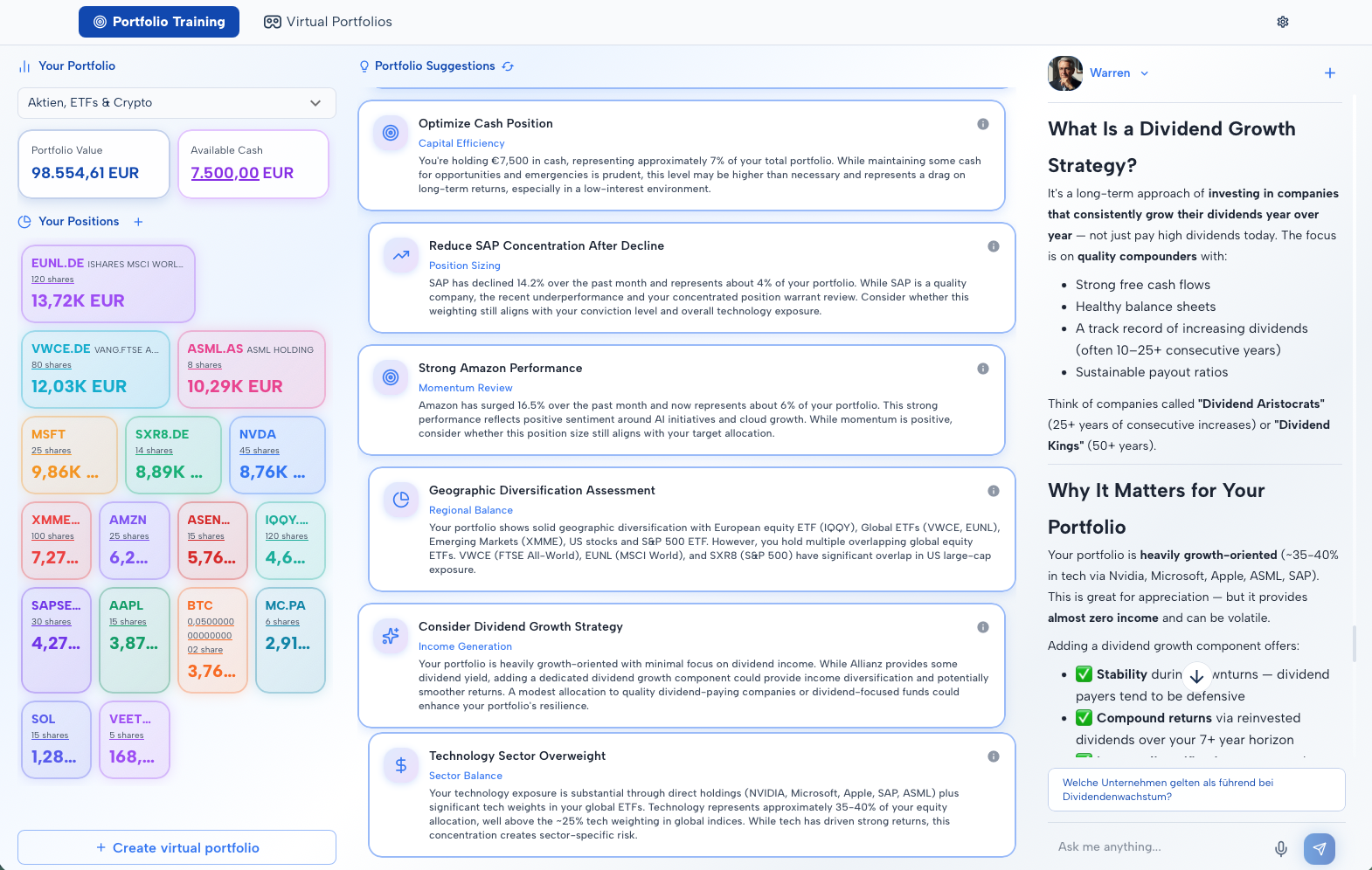 Academy portfolio training with AI Companion Warren in MoneyPeak