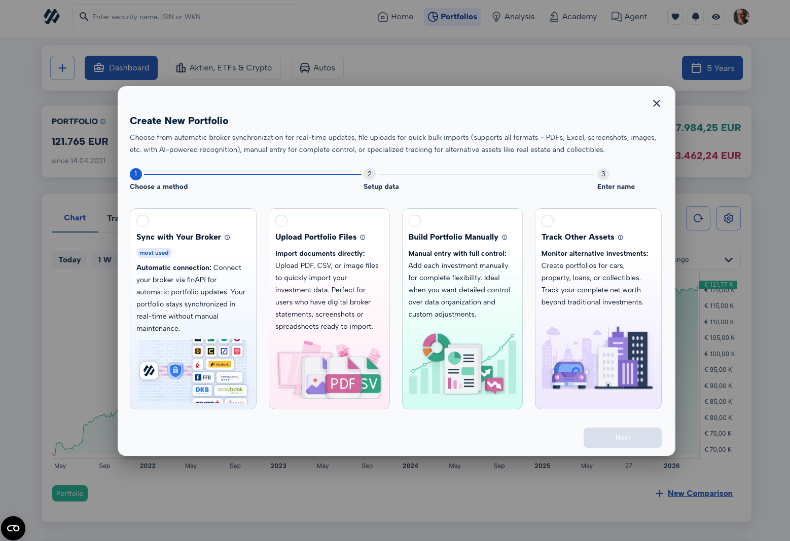 Creating a portfolio in MoneyPeak