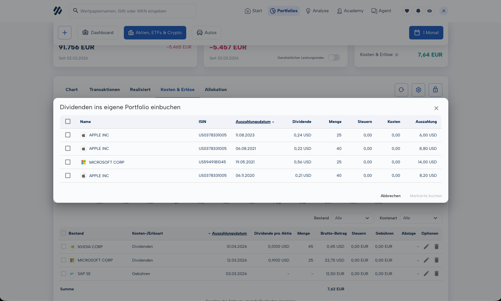 Dividenden ins Portfolio einbuchen mit Sammelbuchen-Dialog in MoneyPeak