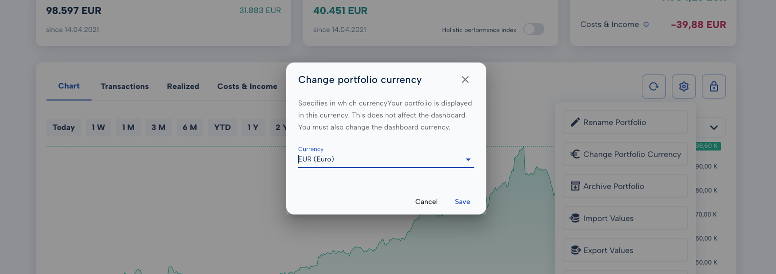 Change portfolio currency dialog in MoneyPeak