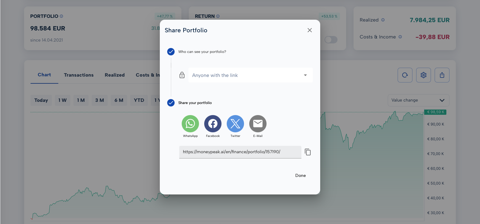 Share portfolio dialog with WhatsApp, Facebook, Twitter and email in MoneyPeak